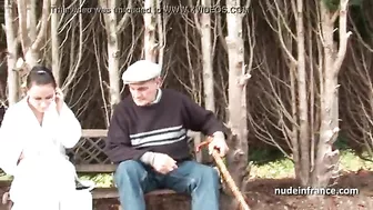 Old man in cap fucks tight pussy of young female stranger