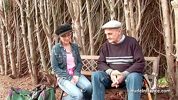Old man in cap fucks tight pussy of young female stranger