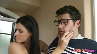 Nerdy dude meets brunette stepmom and stepdaughter in the bathroom