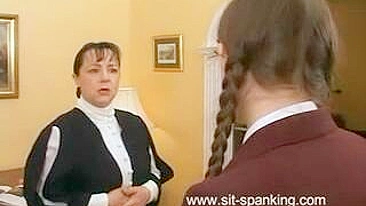 Punishment for Late Arrival - Schoolgirl Spanked by Teacher in Red Uniform