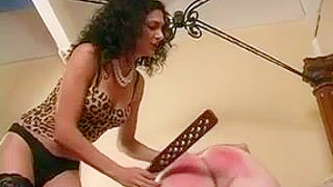 Mistress in stockings disciplines with spanking and pain on red ass