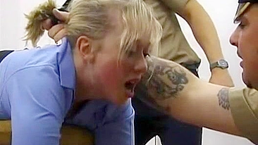 Blonde Woman Harshly Handled by Authoritative Officers in Uniform, Spanking