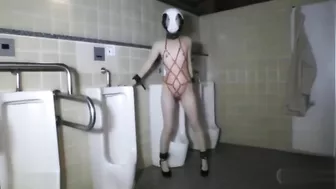 Uninhibited perv Japanese teen pleasures herself in the men's room
