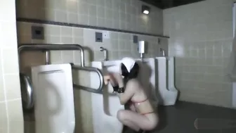 Uninhibited perv Japanese teen pleasures herself in the men's room