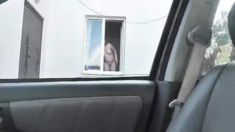 Spying from car on a neighbor who washes window completely naked,  public, voyeur