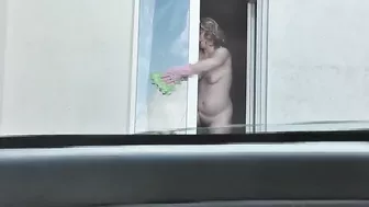 Spying from car on a neighbor who washes window completely naked,  public, voyeur