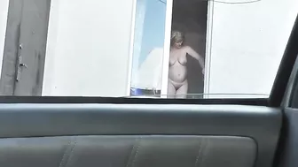 Spying from car on a neighbor who washes window completely naked,  public, voyeur Spying from car on a neighbor who washes window completely naked,  public, voyeur