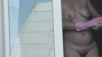 Spying from car on a neighbor who washes window completely naked,  public, voyeur