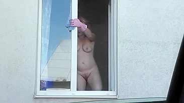 Spying from car on a neighbor who washes window completely naked,  public, voyeur