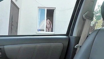 Spying from car on a neighbor who washes window completely naked,  public, voyeur