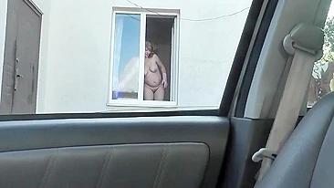 Spying from car on a neighbor who washes window completely naked,  public, voyeur