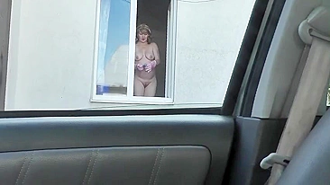 Spying from car on a neighbor who washes window completely naked,  public, voyeur