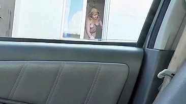 Spying from car on a neighbor who washes window completely naked,  public, voyeur