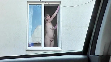 Spying from car on a neighbor who washes window completely naked,  public, voyeur