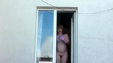 Spying from car on a neighbor who washes window completely naked,  public, voyeur