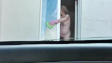 Spying from car on a neighbor who washes window completely naked,  public, voyeur