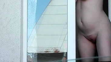 Spying from car on a neighbor who washes window completely naked,  public, voyeur