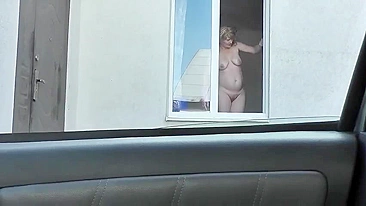 Spying from car on a neighbor who washes window completely naked,  public, voyeur