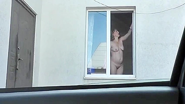 Spying from car on a neighbor who washes window completely naked,  public, voyeur