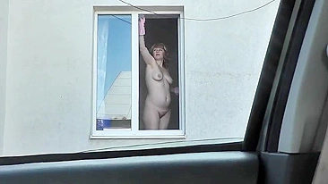 Spying from car on a neighbor who washes window completely naked,  public, voyeur