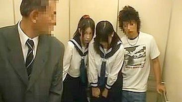 Japanese Dirty Boy Almost Gets Caught Harassing Two Schoolgirls in Elevator