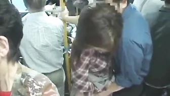 Japanese MILF groped in crowded bus, gets facial
