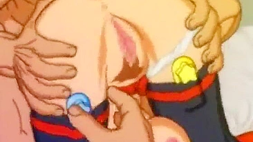 Bondage Cartoon Teen Gagged with Open Mouth Sucking on Threesome Fuck