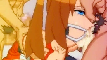 Bondage Cartoon Teen Gagged with Open Mouth Sucking on Threesome Fuck