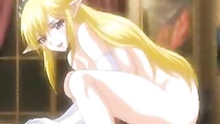 Busty hentai elf girl enjoys a wild ride on a massive cock in this hardcore cartoon scene.