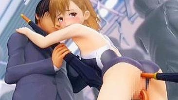 Anime Cutie Gets Double-penetrated by Umbrella Sticks in her Ass and pussy