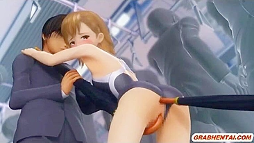 Anime Cutie Gets Double-penetrated by Umbrella Sticks in her Ass and pussy