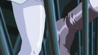 A sexy anime character covered in cum, with a close-up of their face