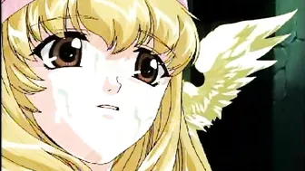 A sexy anime character covered in cum, with a close-up of their face