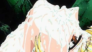 A sexy anime character covered in cum, with a close-up of their face