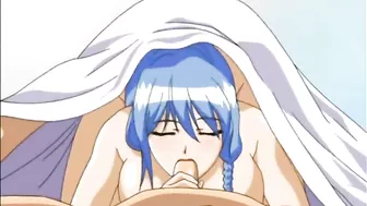 Busty Anime Girl Gets Blowjob from Big Dick under the Covers