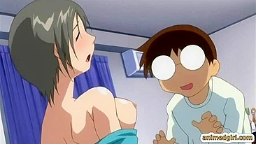 Japanese Anime Squeezing Big Tits and Drinking Milk