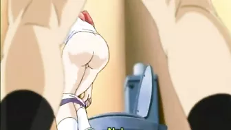 Anime Coed Gets Poked From Behind by Big Boobs in Toilet Stall