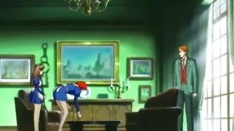 Chained hentai maid self-pleasures in front of her master, anime bondage