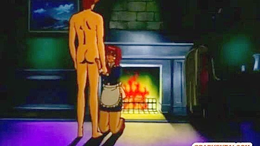 Chained hentai maid self-pleasures in front of her master, anime bondage