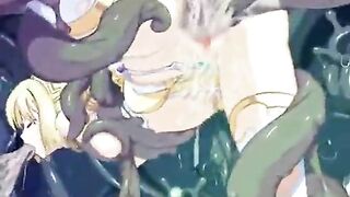 Elf's Wet Pussy Drilled by Tentacles in Cute Hentai Anime