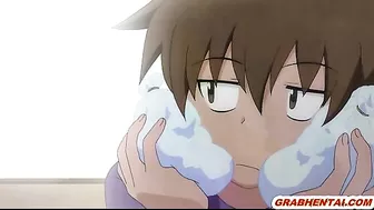 Busty hentai maid tittyfucking and cumshoting in anime, featuring big boobs