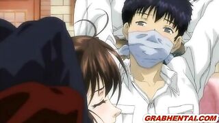 Chained hentai with muzzle gets squeezed her bigboobs and tittyfucking, anime, chained, hentai, muzzle, roped