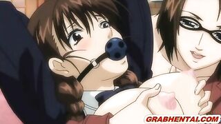 Chained hentai with muzzle gets squeezed her bigboobs and tittyfucking, anime, chained, hentai, muzzle, roped