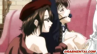 Chained hentai with muzzle gets squeezed her bigboobs and tittyfucking, anime, chained, hentai, muzzle, roped