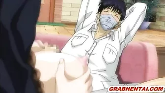 Chained hentai with muzzle gets squeezed her bigboobs and tittyfucking, anime, chained, hentai, muzzle, roped