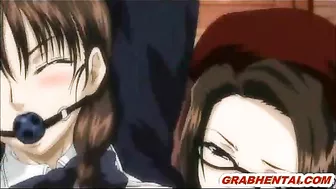 Chained hentai with muzzle gets squeezed her bigboobs and tittyfucking, anime, chained, hentai, muzzle, roped