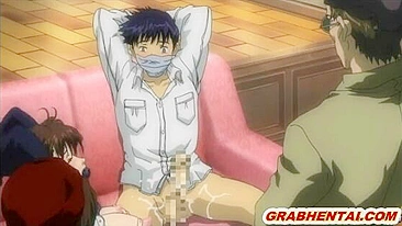 Chained hentai with muzzle gets squeezed her bigboobs and tittyfucking, anime, chained, hentai, muzzle, roped