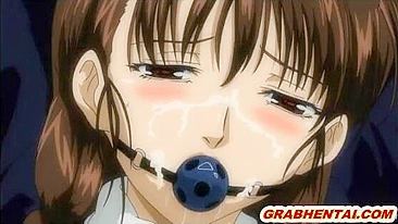 Chained hentai with muzzle gets squeezed her bigboobs and tittyfucking, anime, chained, hentai, muzzle, roped