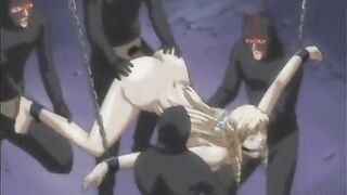 Chained hentai bigtits with muzzle gangbanged and facial cumshot, anime