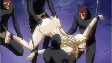 Chained hentai bigtits with muzzle gangbanged and facial cumshot, anime